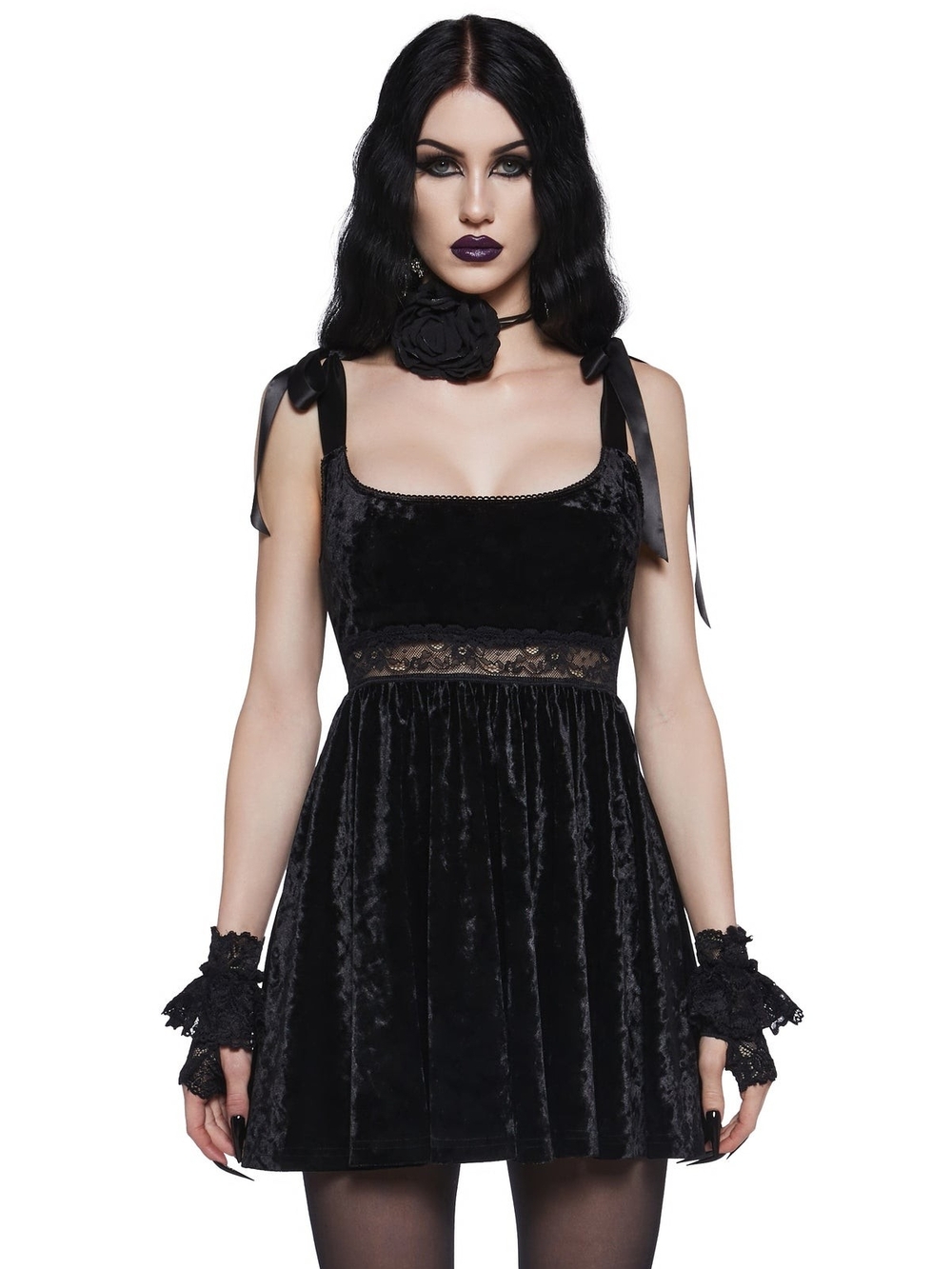 Black Velvet Lace Trim Mini Dress